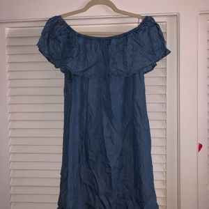 OFF THE SHOULDER FAUX DENIM DRESS!